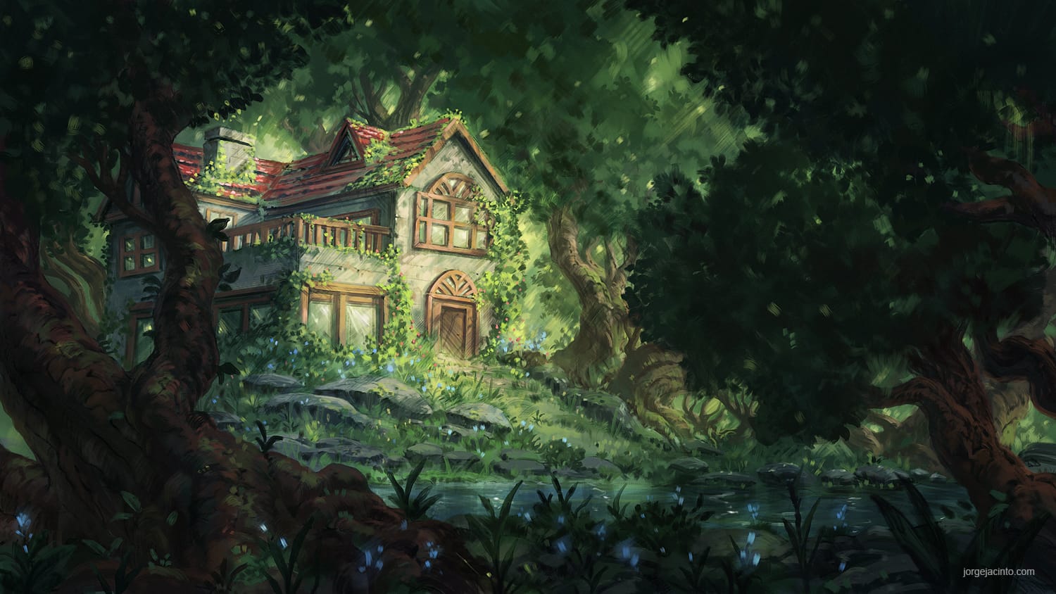 Illustration d'une chaumiere feerique nichee dans une foret enchantee