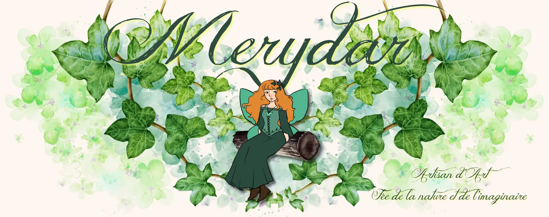 Banniere logo Merydar avec illustration de lierre et fee, fond noir