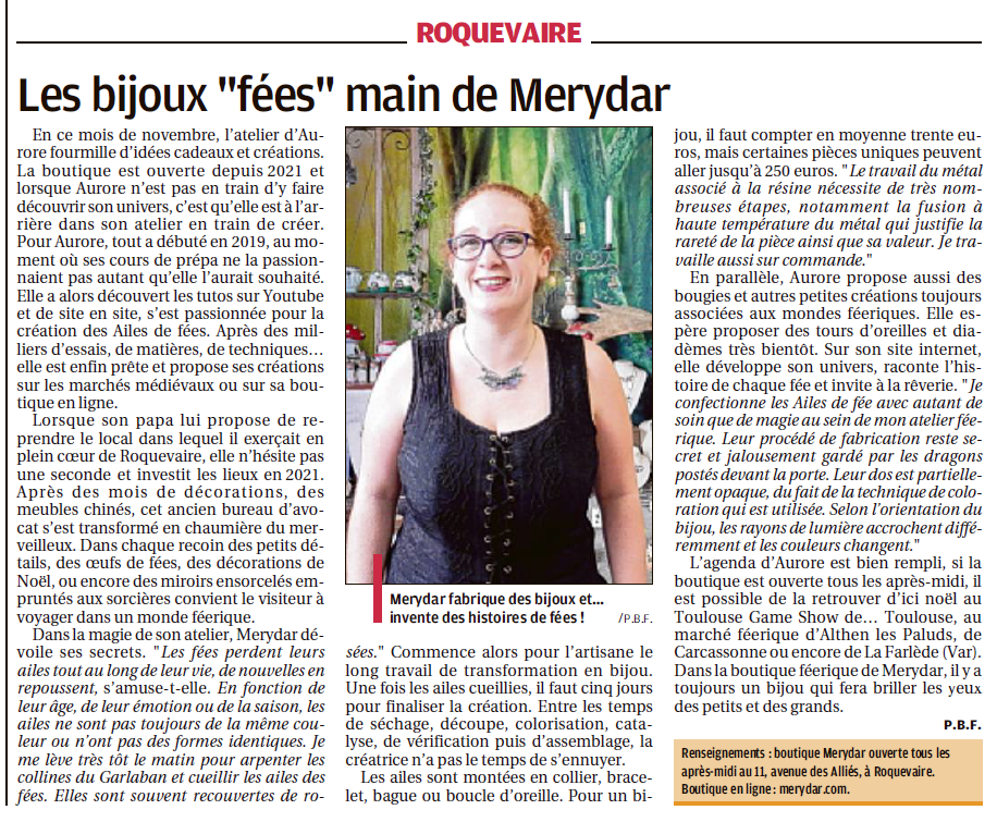 Article de presse Les bijoux fees main de Merydar, journal local de Roquevaire