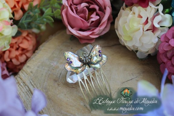 Peigne a cheveux papillon holographique avec cristaux