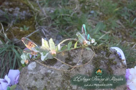Couronne aile de papillon verte et fleurs, posee sur une pierre moussue