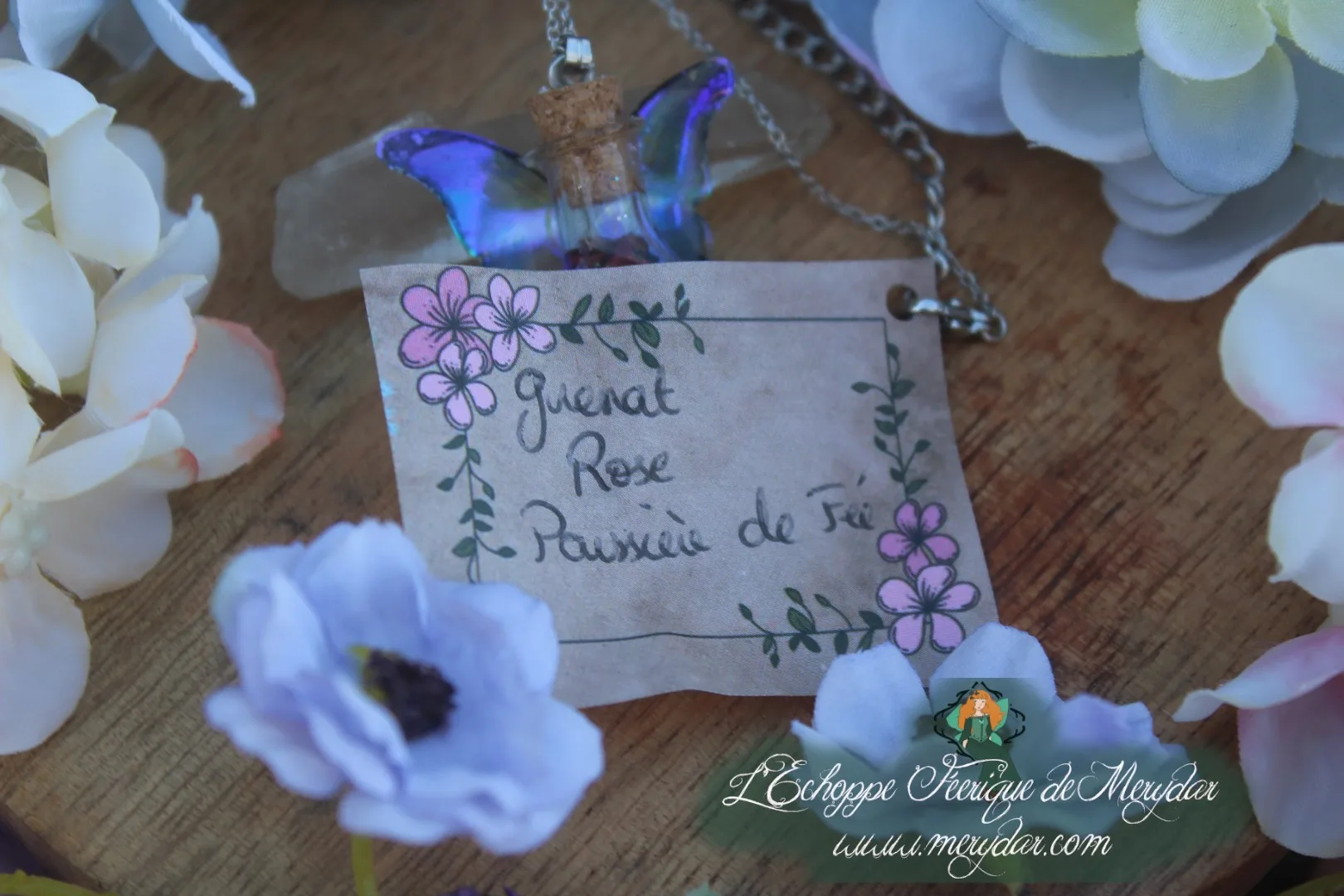 Etiquette manuscrite Grenat Rose Poussiere de Fee, decor floral