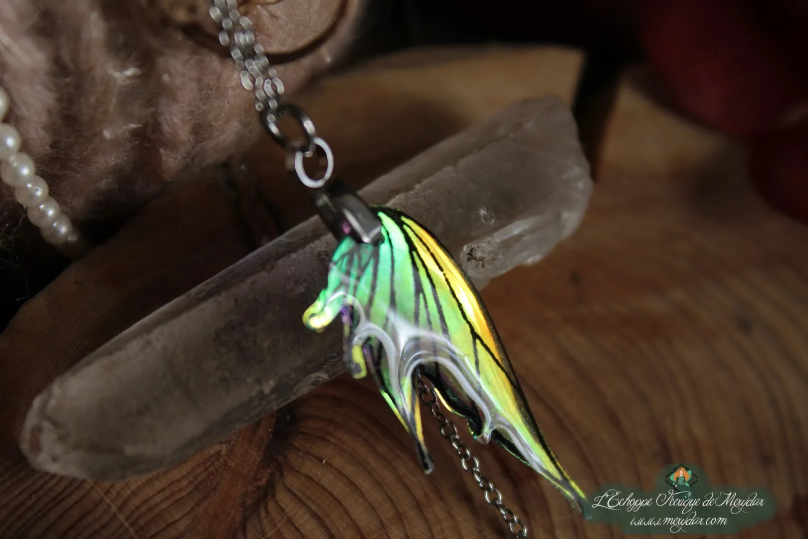 Pendentif aile de dragon noire verte et jaune irisee, presente sur socle en bois