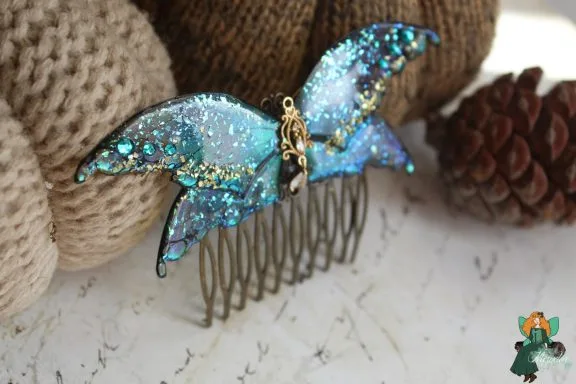 Peigne a cheveux aile de chauve-souris bleue turquoise pailetee