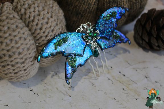 Peigne a cheveux aile de chauve-souris bleue turquoise pailetee, sans breloque