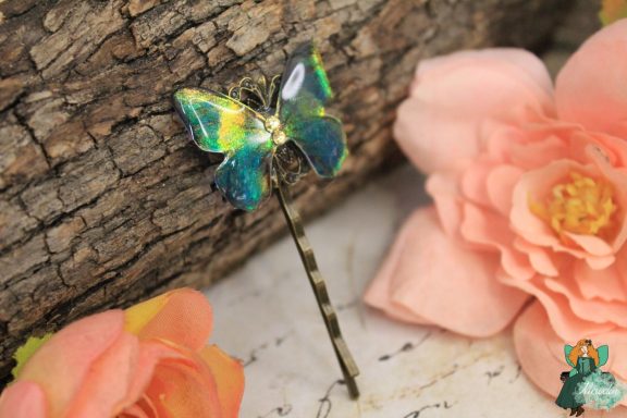 Epingle a cheveux papillon vert jaune