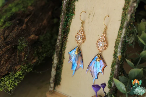 Boucles d'oreilles aile de dragon bleue rose avec puce perlee