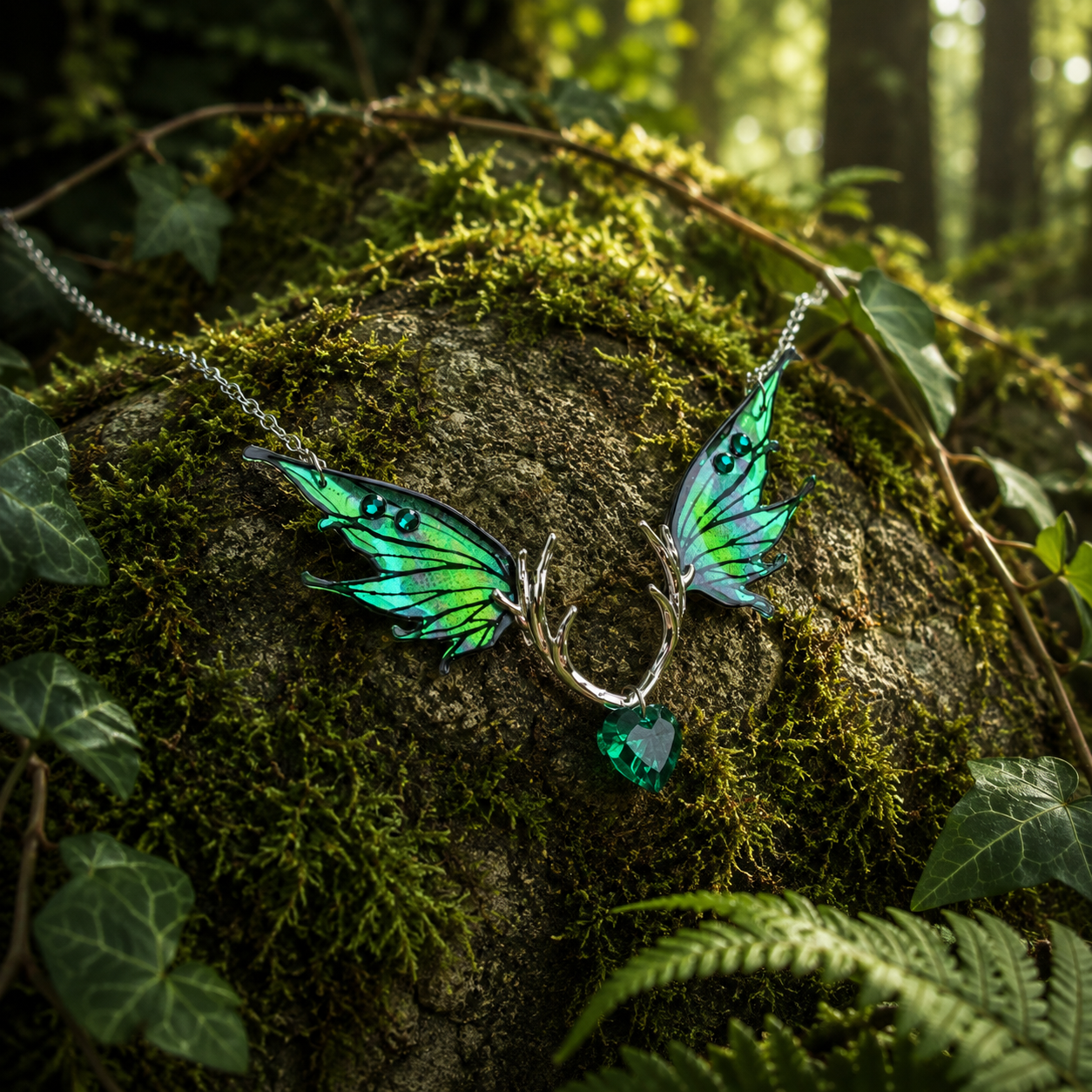 Collier Roi de la Forêt, bois de cerf ajourés en volume, photographié sur une pierre moussue en sous-bois